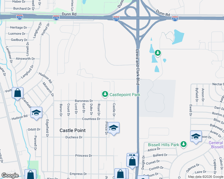 map of restaurants, bars, coffee shops, grocery stores, and more near 10545 Castle Drive in St. Louis