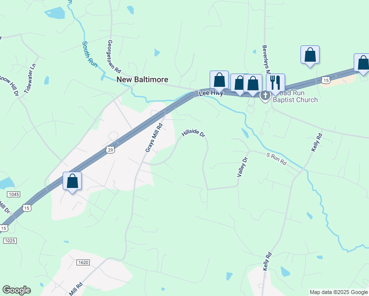 map of restaurants, bars, coffee shops, grocery stores, and more near 5347 Hillside Drive in Warrenton