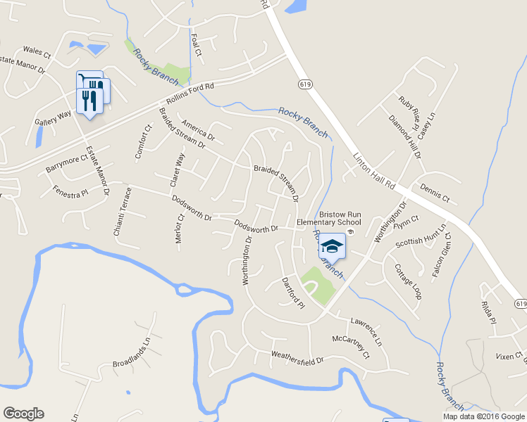 map of restaurants, bars, coffee shops, grocery stores, and more near 13501 Grouserun Lane in Bristow