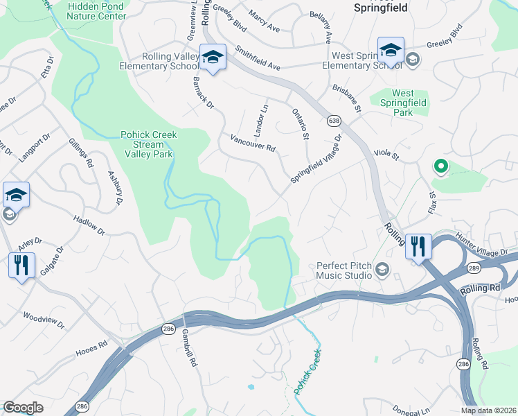 map of restaurants, bars, coffee shops, grocery stores, and more near 8208 Springfield Village Drive in West Springfield