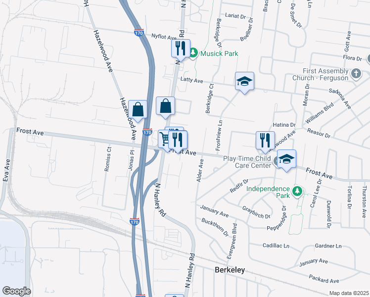 map of restaurants, bars, coffee shops, grocery stores, and more near 8623 Frost Avenue in Berkeley