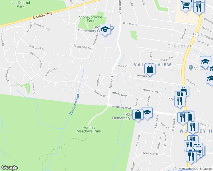 map of restaurants, bars, coffee shops, grocery stores, and more near 7022 Harrison Lane in Alexandria