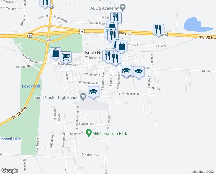 map of restaurants, bars, coffee shops, grocery stores, and more near 100 East Workman Street in Knob Noster