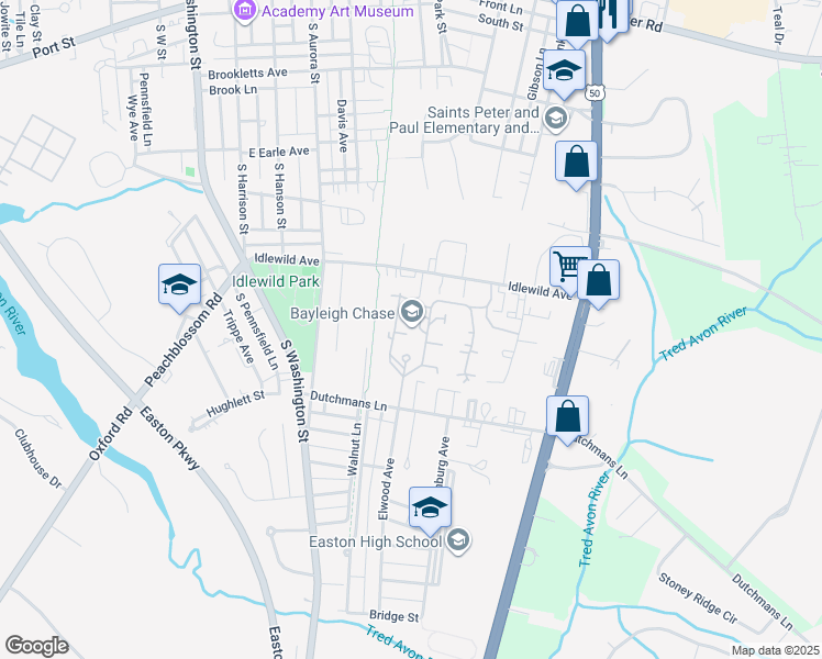 map of restaurants, bars, coffee shops, grocery stores, and more near 501 Dutchmans Lane in Easton