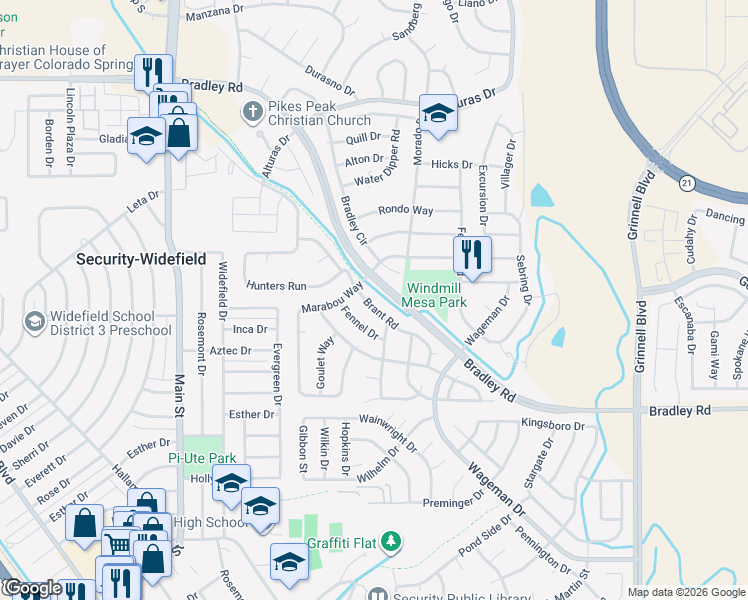 map of restaurants, bars, coffee shops, grocery stores, and more near 4739 Brant Road in Colorado Springs