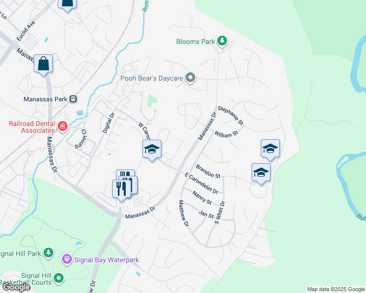 map of restaurants, bars, coffee shops, grocery stores, and more near 9441 Silver Meteor Court in Manassas Park