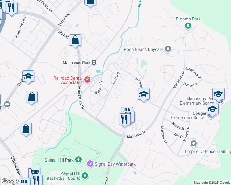 map of restaurants, bars, coffee shops, grocery stores, and more near 9094 Belo Gate Drive in Manassas Park