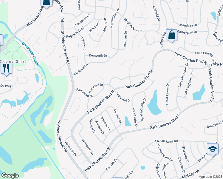 map of restaurants, bars, coffee shops, grocery stores, and more near 89 Park Charles Boulevard North in Saint Peters
