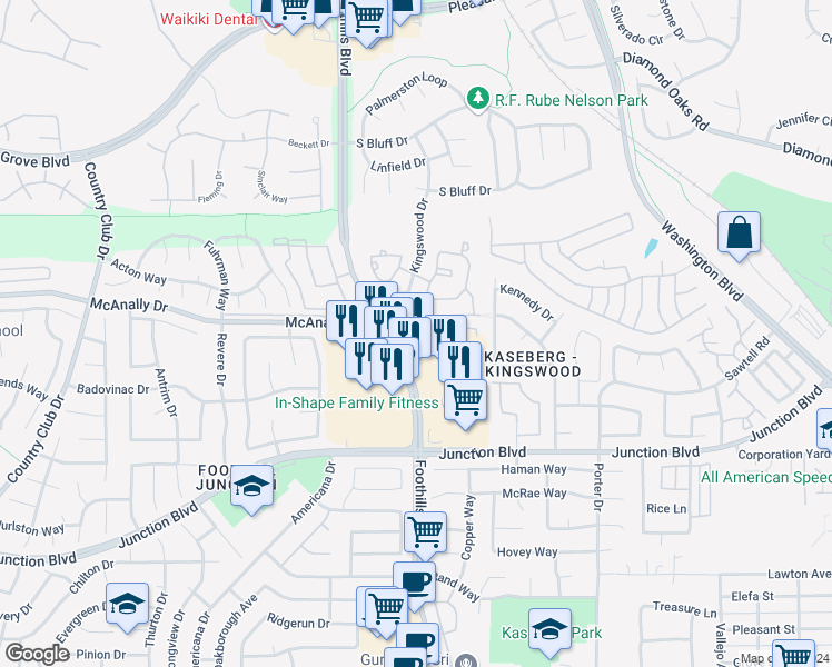 map of restaurants, bars, coffee shops, grocery stores, and more near 1431 Kingswood Drive in Roseville