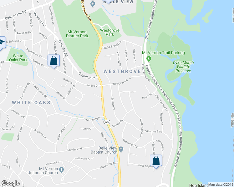 map of restaurants, bars, coffee shops, grocery stores, and more near 7108 Marine Drive in Alexandria