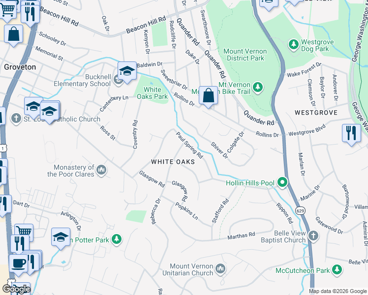 map of restaurants, bars, coffee shops, grocery stores, and more near 2121 Paul Spring Road in Alexandria