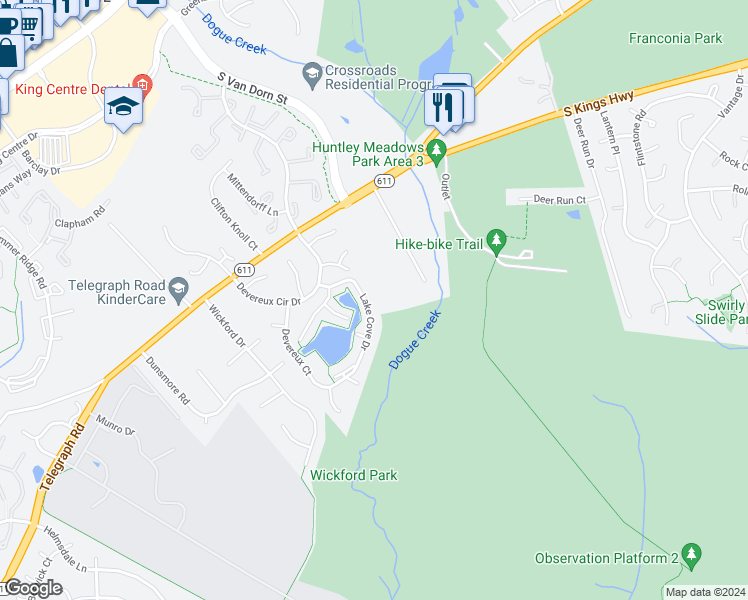 map of restaurants, bars, coffee shops, grocery stores, and more near 7133 Lake Cove Drive in Alexandria