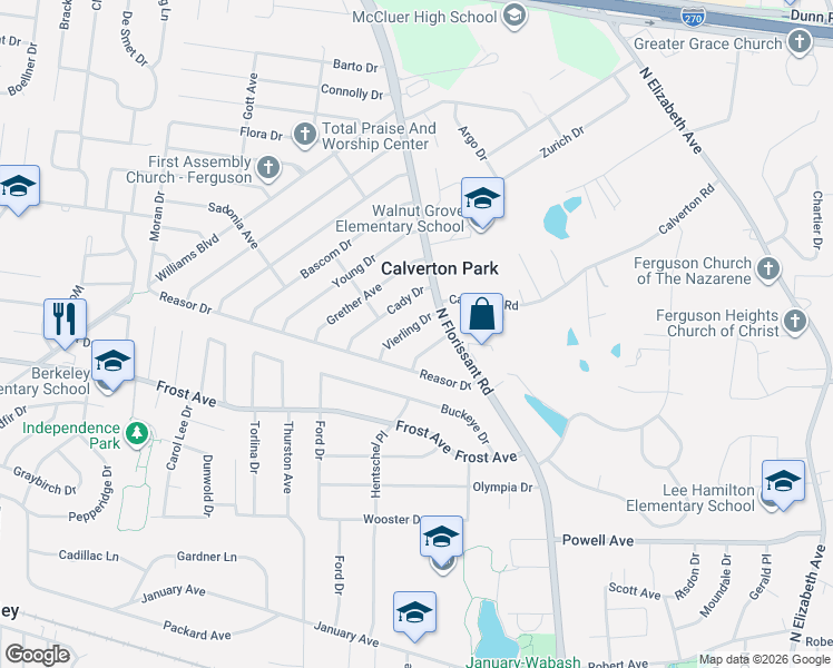 map of restaurants, bars, coffee shops, grocery stores, and more near 27 Vierling Drive in St. Louis