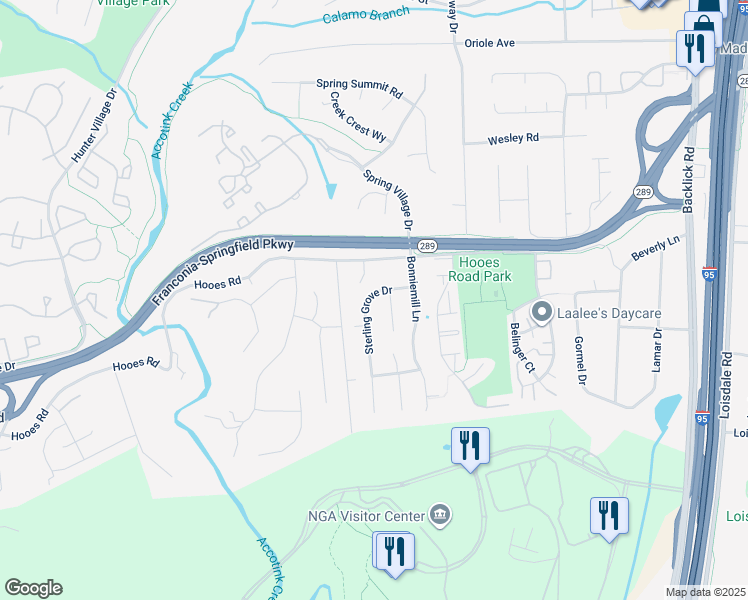 map of restaurants, bars, coffee shops, grocery stores, and more near 7113 Sterling Grove Drive in Springfield
