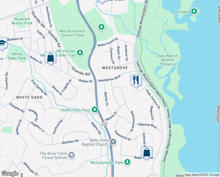 map of restaurants, bars, coffee shops, grocery stores, and more near 7108 Marine Drive in Alexandria