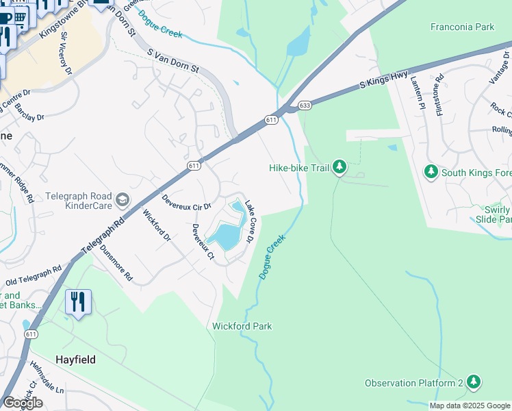map of restaurants, bars, coffee shops, grocery stores, and more near 7133 Lake Cove Drive in Alexandria