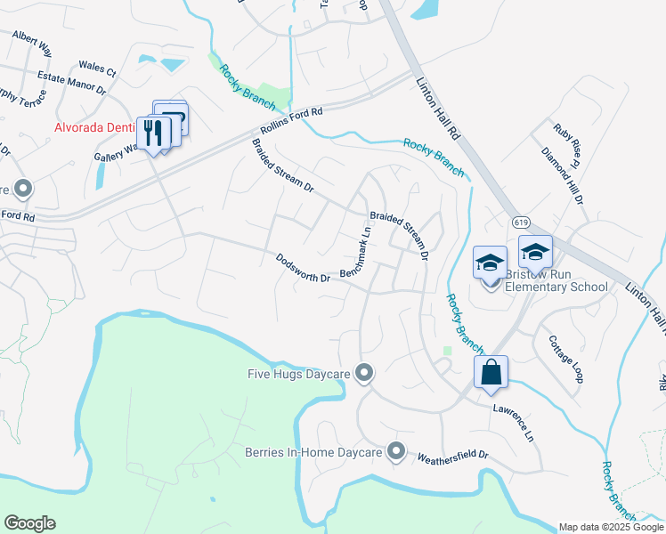 map of restaurants, bars, coffee shops, grocery stores, and more near 8980 Benchmark Lane in Bristow