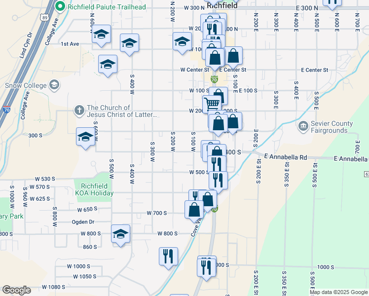 map of restaurants, bars, coffee shops, grocery stores, and more near 144 West 400 South in Richfield