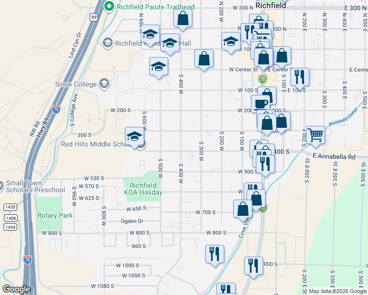 map of restaurants, bars, coffee shops, grocery stores, and more near 390 West 400 South in Richfield