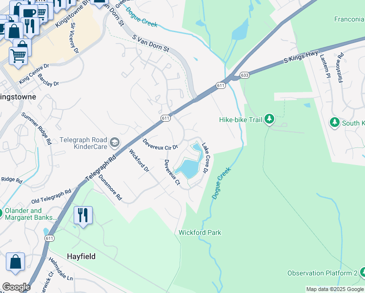 map of restaurants, bars, coffee shops, grocery stores, and more near 7019 Devereux Circle Drive in Alexandria