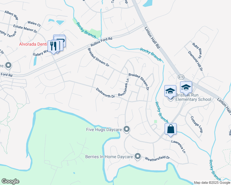 map of restaurants, bars, coffee shops, grocery stores, and more near 8980 Benchmark Lane in Bristow