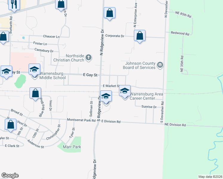 map of restaurants, bars, coffee shops, grocery stores, and more near 912 East Market Street in Warrensburg