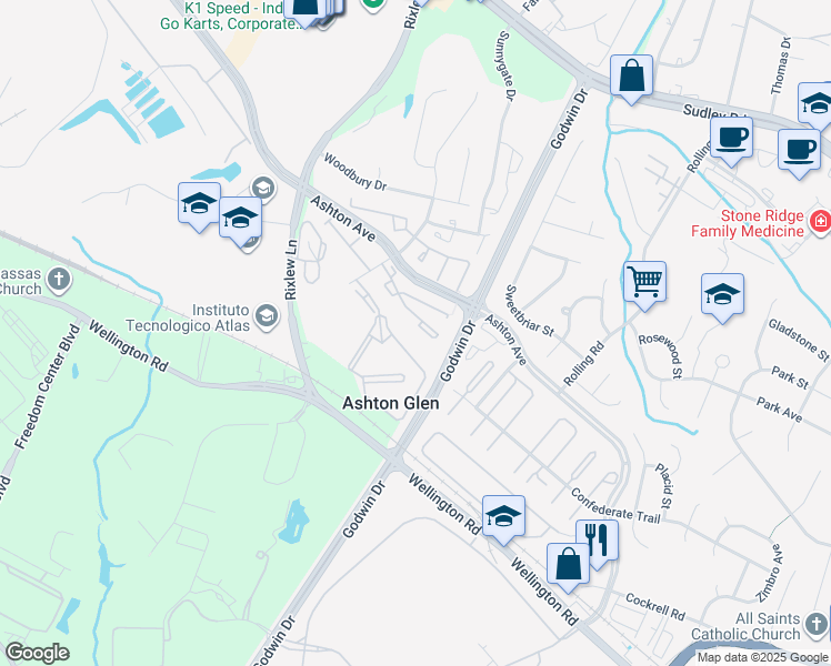 map of restaurants, bars, coffee shops, grocery stores, and more near 8900 Golden Oak Drive in Manassas