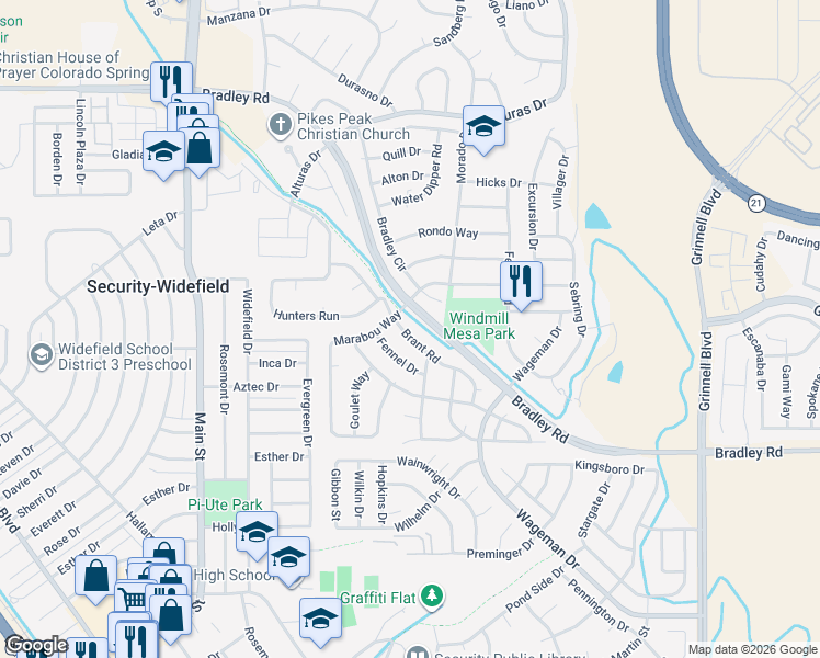 map of restaurants, bars, coffee shops, grocery stores, and more near 4739 Brant Road in Colorado Springs