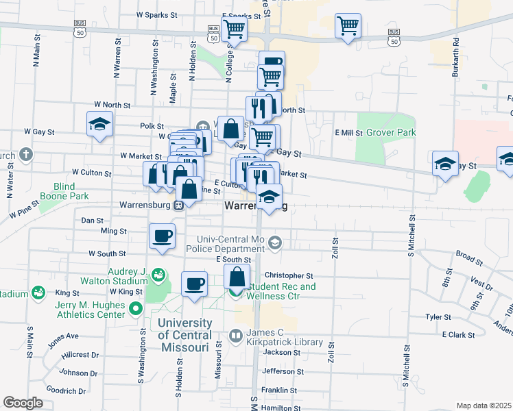 map of restaurants, bars, coffee shops, grocery stores, and more near in Warrensburg