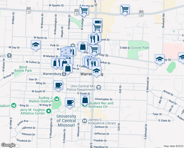 map of restaurants, bars, coffee shops, grocery stores, and more near 329 East Young Avenue in Warrensburg