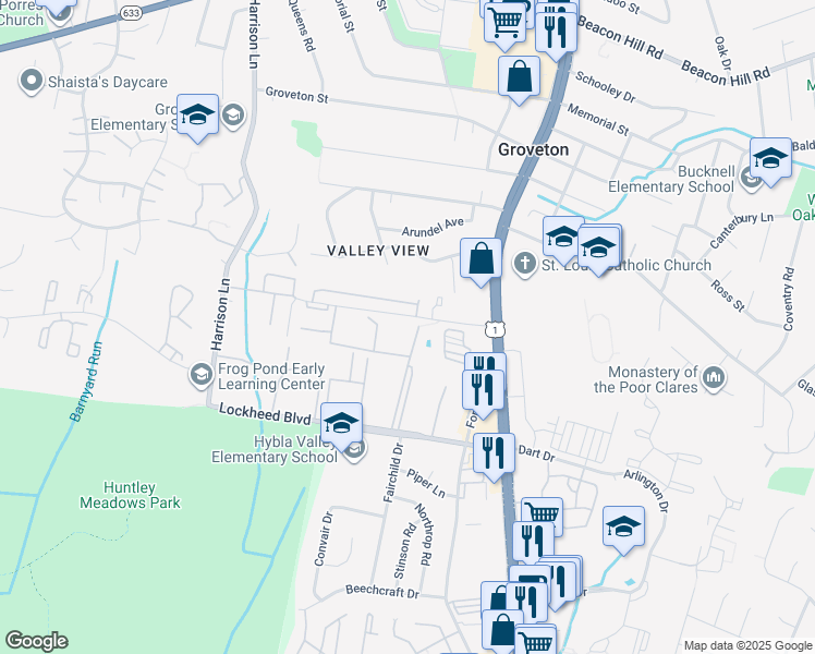 map of restaurants, bars, coffee shops, grocery stores, and more near 7110 Fairchild Drive in Alexandria
