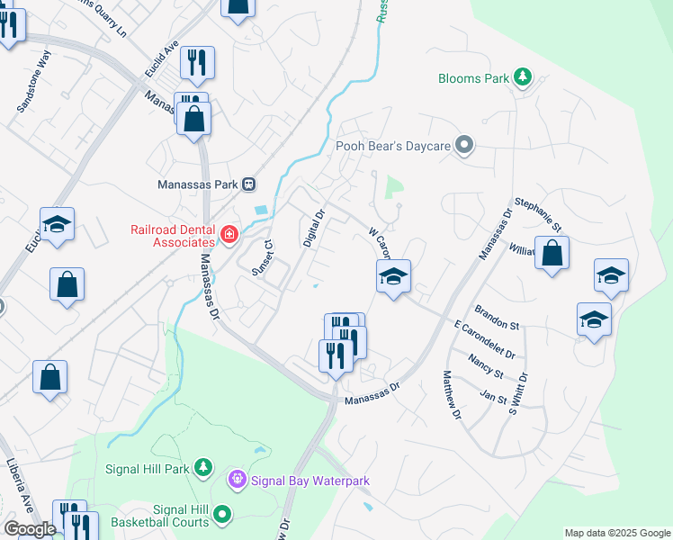 map of restaurants, bars, coffee shops, grocery stores, and more near 9258 Kristy Drive in Manassas Park