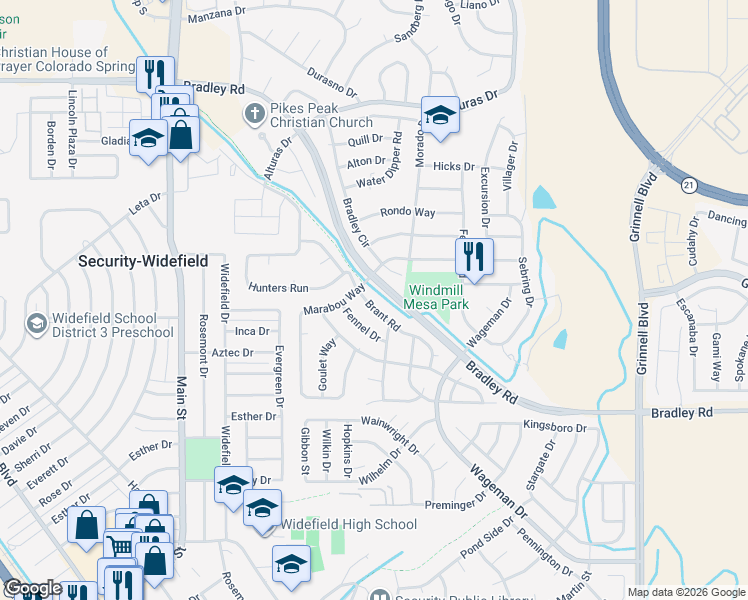 map of restaurants, bars, coffee shops, grocery stores, and more near 4739 Brant Road in Colorado Springs