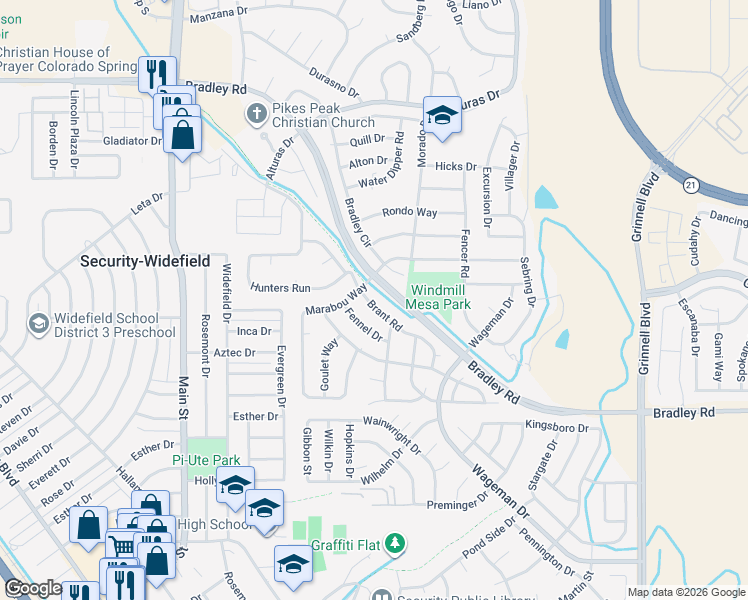 map of restaurants, bars, coffee shops, grocery stores, and more near 4739 Brant Road in Colorado Springs