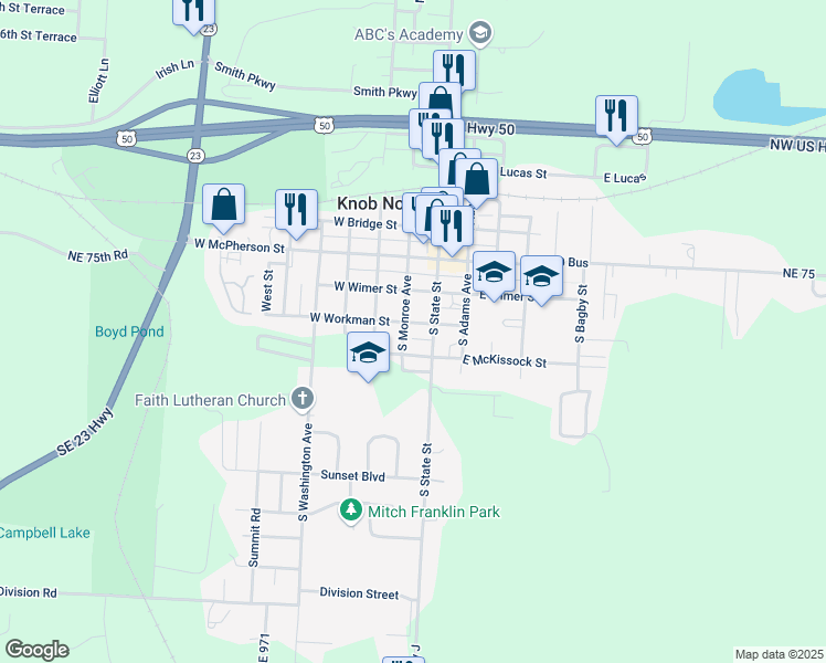 map of restaurants, bars, coffee shops, grocery stores, and more near 302 South Monroe Avenue in Knob Noster