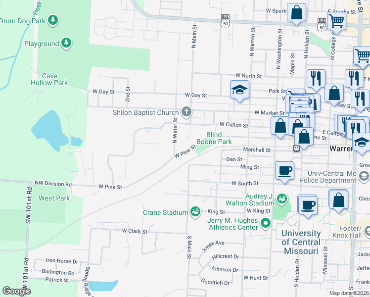 map of restaurants, bars, coffee shops, grocery stores, and more near 500 West Pine Street in Warrensburg