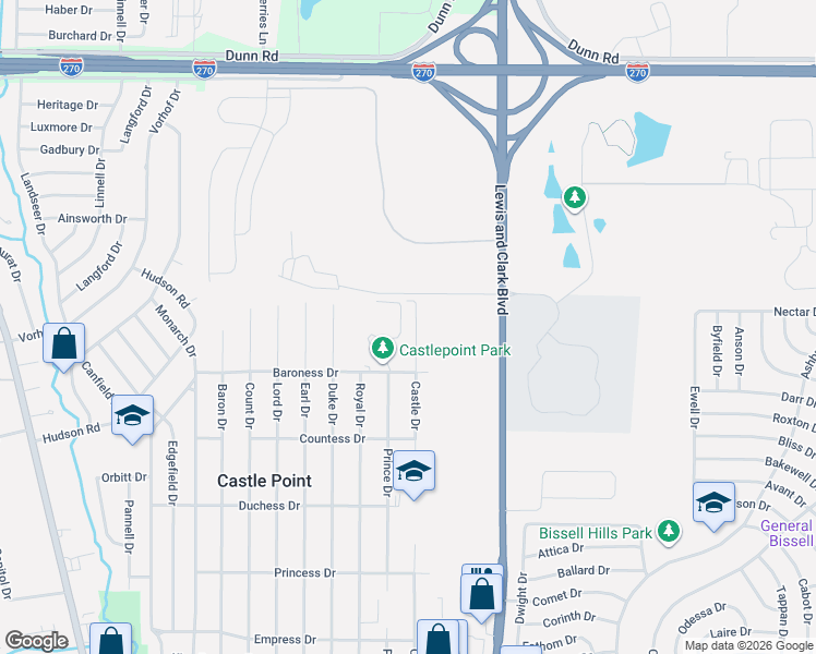 map of restaurants, bars, coffee shops, grocery stores, and more near 10545 Castle Drive in St. Louis