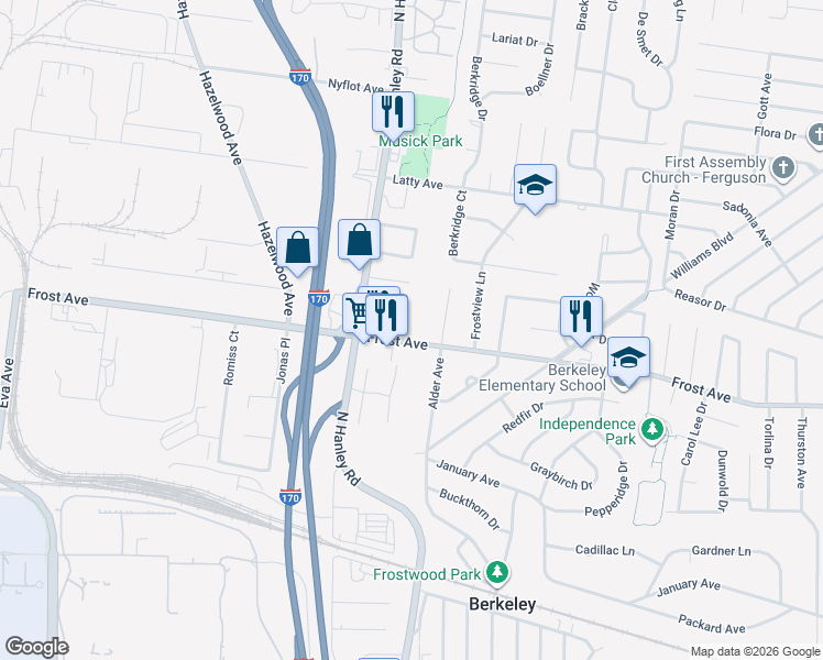 map of restaurants, bars, coffee shops, grocery stores, and more near 8617 Frost Avenue in Berkeley