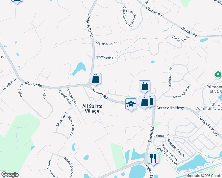 map of restaurants, bars, coffee shops, grocery stores, and more near 14 Castle Pointe Court in St. Peters