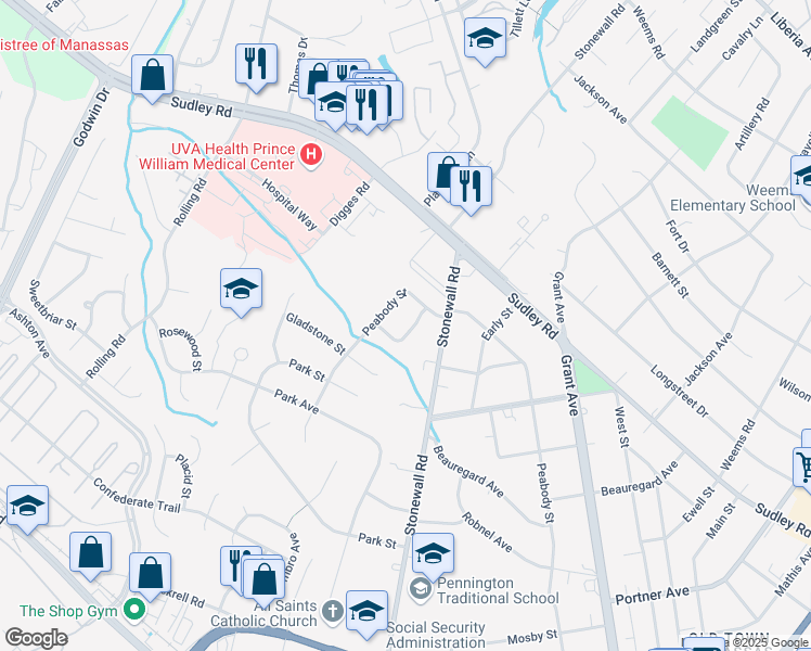 map of restaurants, bars, coffee shops, grocery stores, and more near 8904 Hazel Drive in Manassas