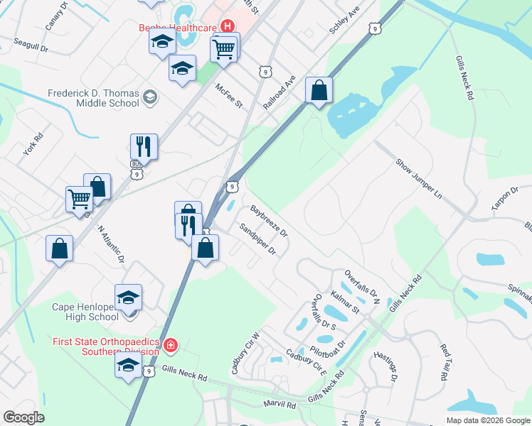 map of restaurants, bars, coffee shops, grocery stores, and more near 22 Baybreeze Drive in Lewes