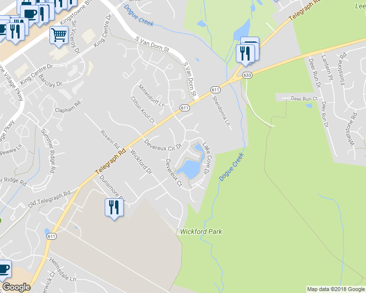 map of restaurants, bars, coffee shops, grocery stores, and more near 7019 Devereux Circle Drive in Alexandria