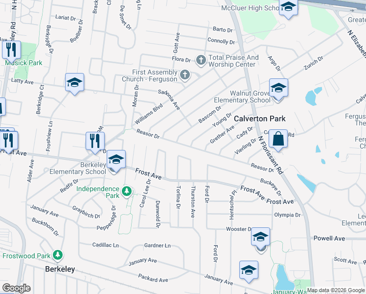 map of restaurants, bars, coffee shops, grocery stores, and more near 254 Reasor Drive in St. Louis