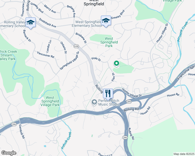 map of restaurants, bars, coffee shops, grocery stores, and more near 7024 Petunia Street in West Springfield