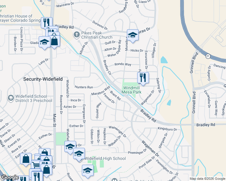 map of restaurants, bars, coffee shops, grocery stores, and more near 4739 Brant Road in Colorado Springs