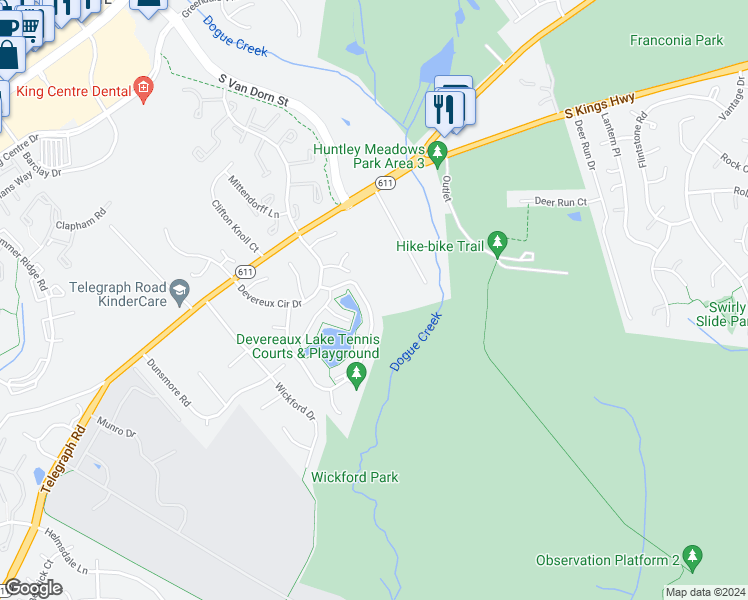 map of restaurants, bars, coffee shops, grocery stores, and more near 7131 Lake Cove Drive in Alexandria