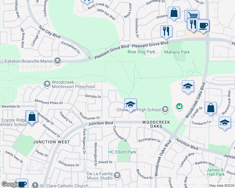 map of restaurants, bars, coffee shops, grocery stores, and more near 1732 Glastonbury Circle in Roseville