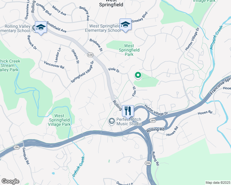 map of restaurants, bars, coffee shops, grocery stores, and more near 7024 Petunia Street in West Springfield