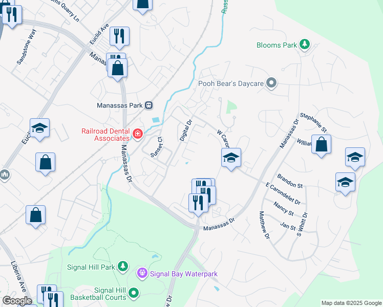 map of restaurants, bars, coffee shops, grocery stores, and more near 9091 Sandra Place in Manassas Park
