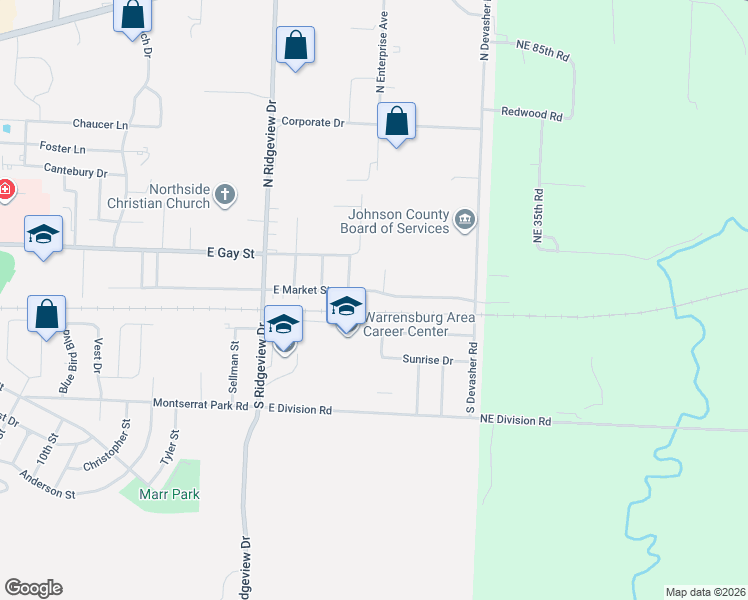 map of restaurants, bars, coffee shops, grocery stores, and more near 938 East Market Street in Warrensburg